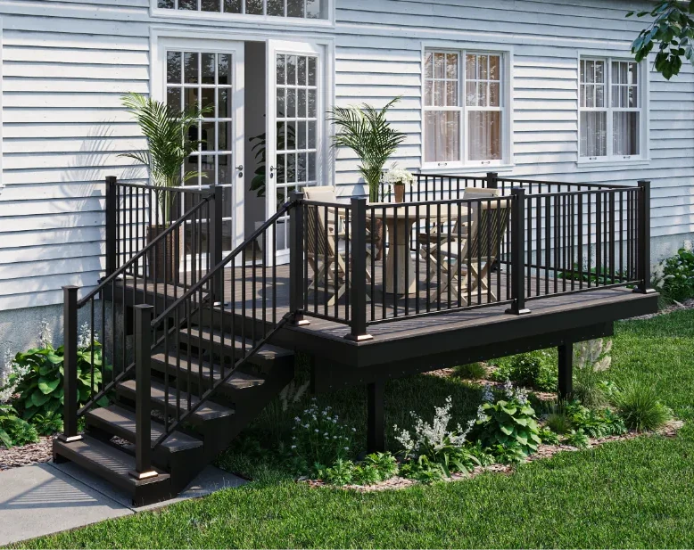 deck with long staircase
