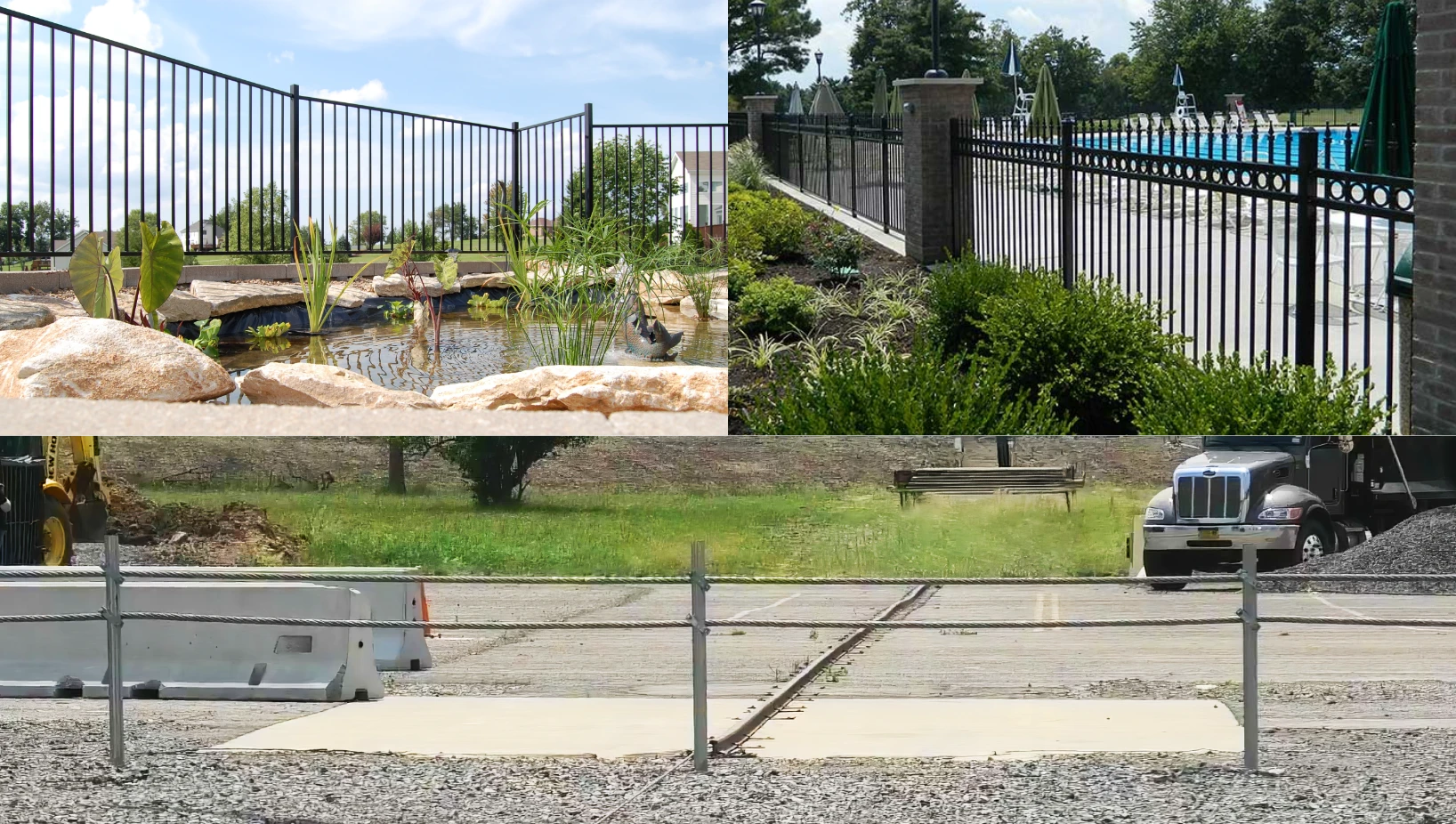 Collage of black steel fencing around landscaped residential and commercial properties