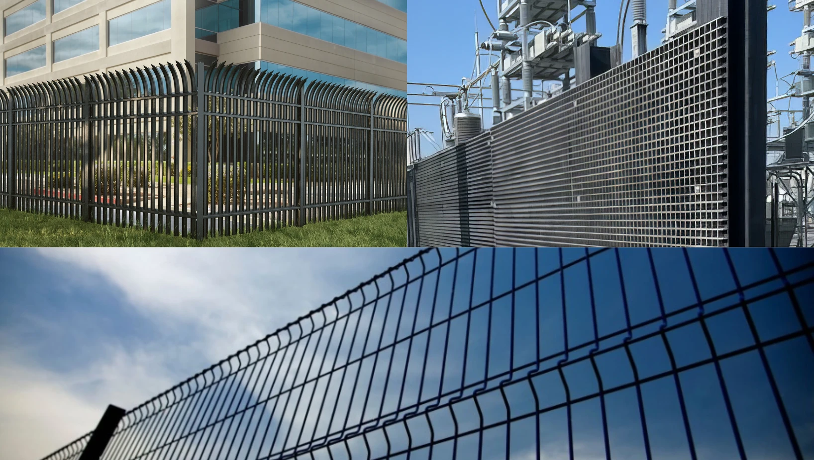 Black steel security fencing at a modern building and welded wire mesh fencing around an electrical substation