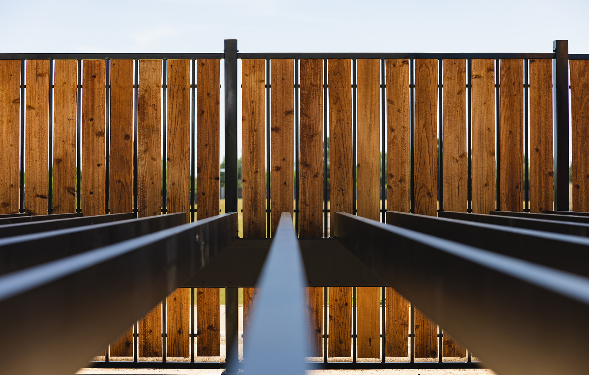 Close-up of steel deck framing with wooden panels.