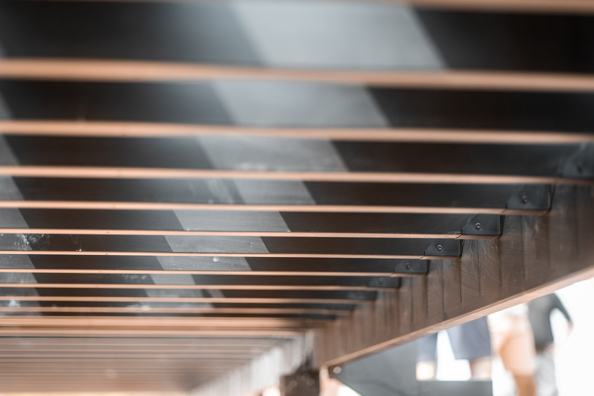 View of the underside of a steel-framed deck, emphasizing durability and sleep design.